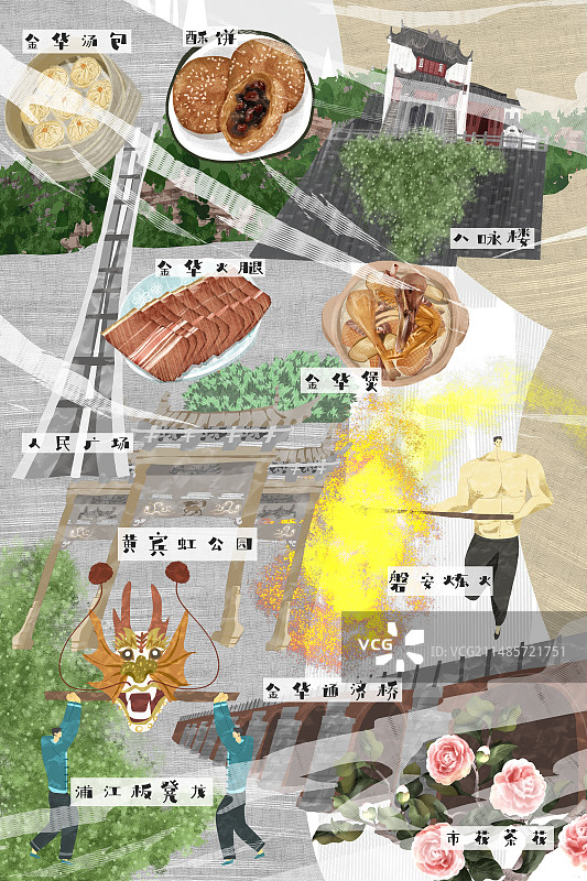 金华城市建筑人文美食插画图片素材