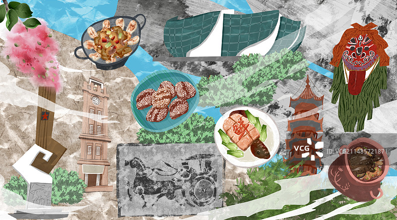徐州城市建筑人文美食插画图片素材