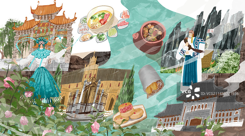 昆明城市建筑人文美食插画图片素材