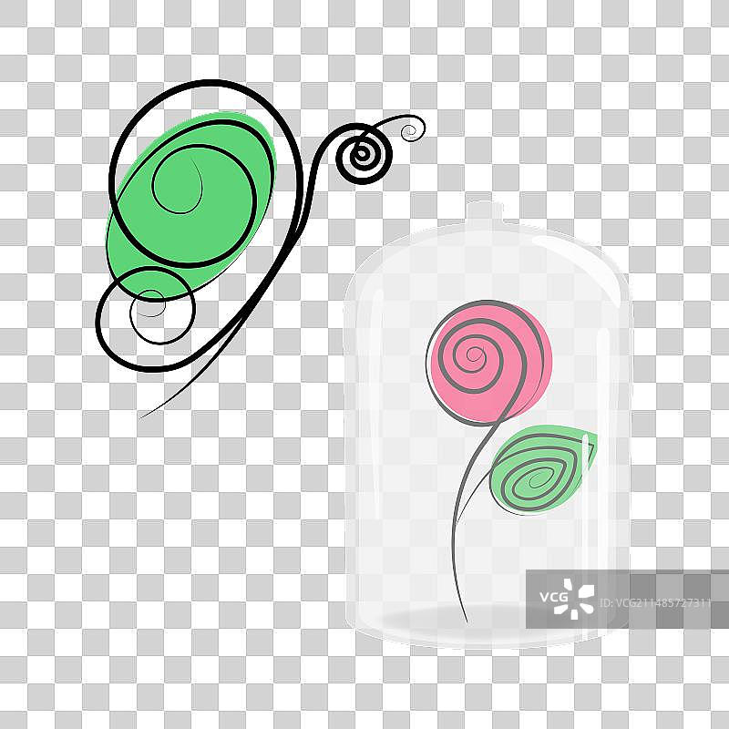 玻璃罩下的风格化蝴蝶和玫瑰图片素材