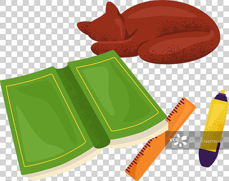 红色卡通猫咪在打开的绿皮书旁睡觉图片素材