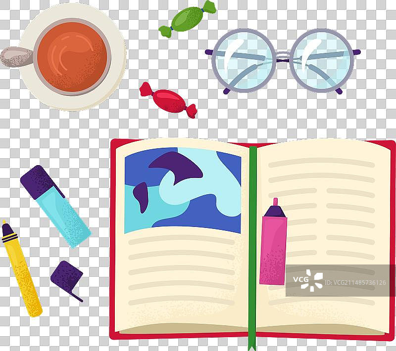 俯视：打开的书本、茶杯、眼镜和糖果图片素材