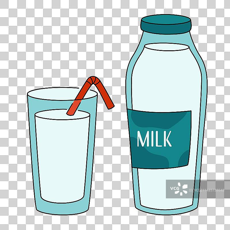 牛奶瓶和带吸管的牛奶杯图片素材