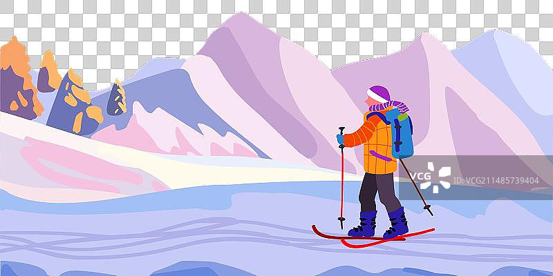 一名男子在滑雪之旅中山地景观滑雪图片素材