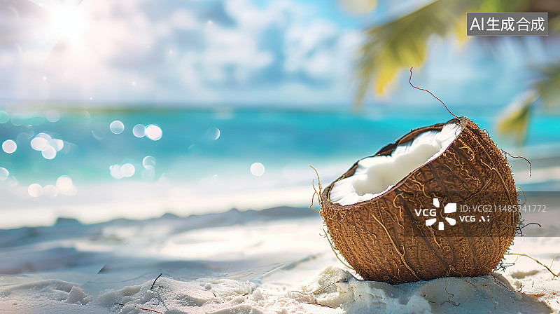【AI数字艺术】海滩上的椰子特写镜头图片素材