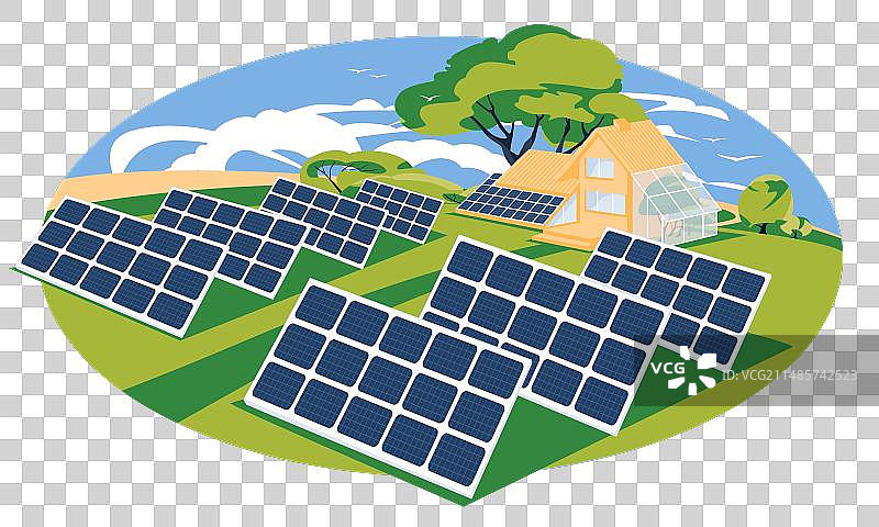 草地木屋上的太阳能电池板图片素材