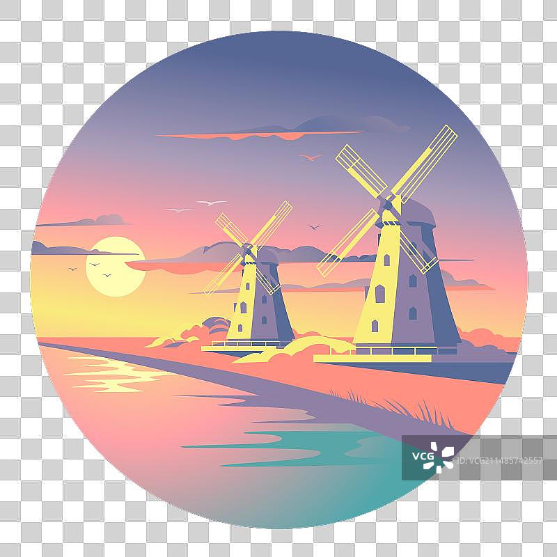 河岸边的传统荷兰风车图片素材