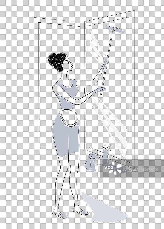 清洗窗户的甜美女士侧面图片素材