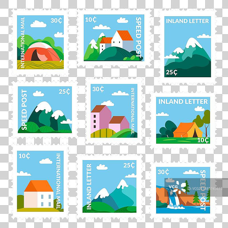 邮戳设计集与卡通自然风景图片素材