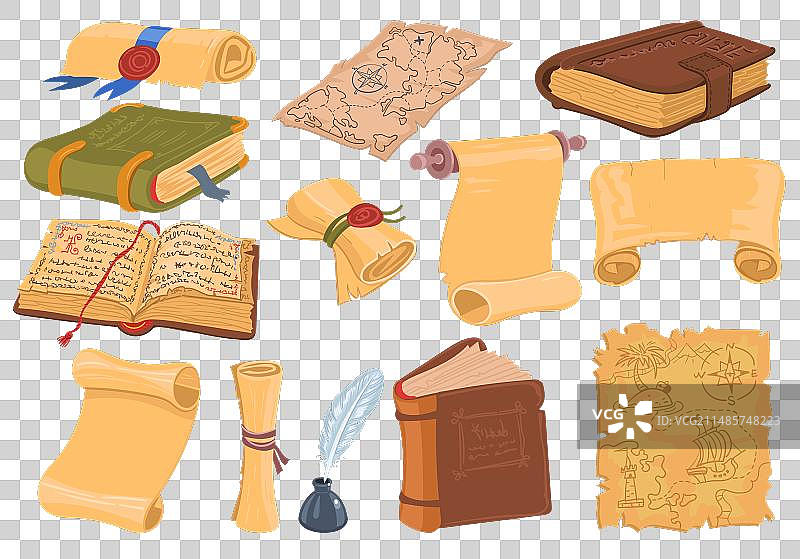 莎草纸卷轴、书籍和复古地图图片素材
