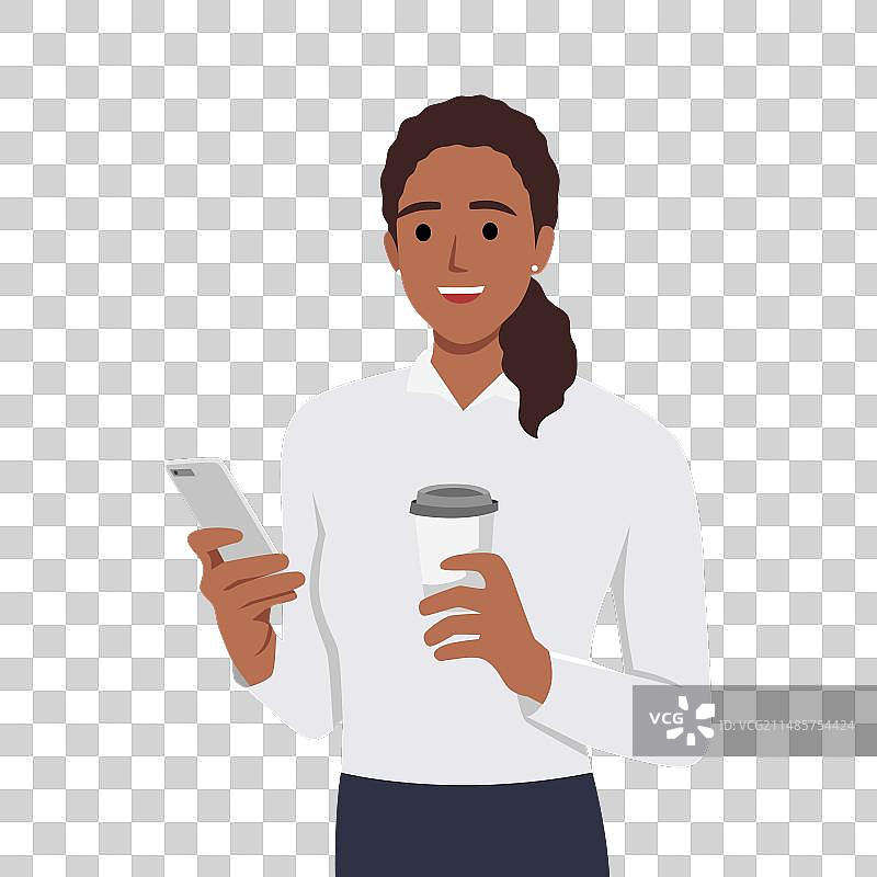 拿着智能手机和外卖的商务女人图片素材