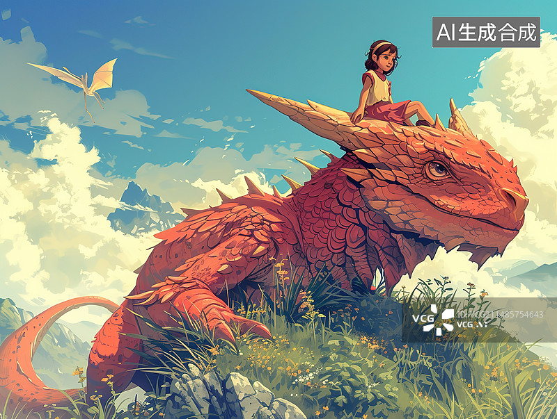 【AI数字艺术】一个年轻的女人在天空中的草地上图片素材