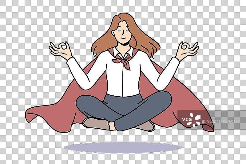身披斗篷的女商人冥想漂浮在空中图片素材