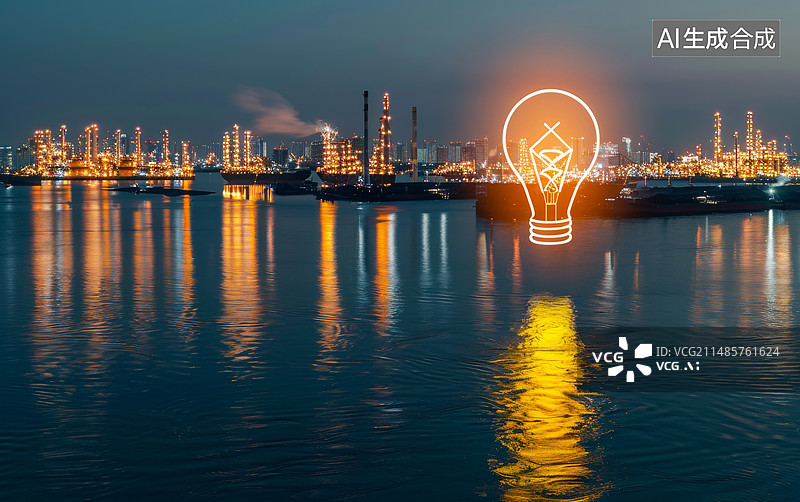 【AI数字艺术】城市风光夜景，一个巨大的电灯泡，智慧城市，科技生活图片素材