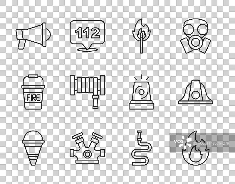 消防锥、水桶、火焰和燃烧的火柴图片素材