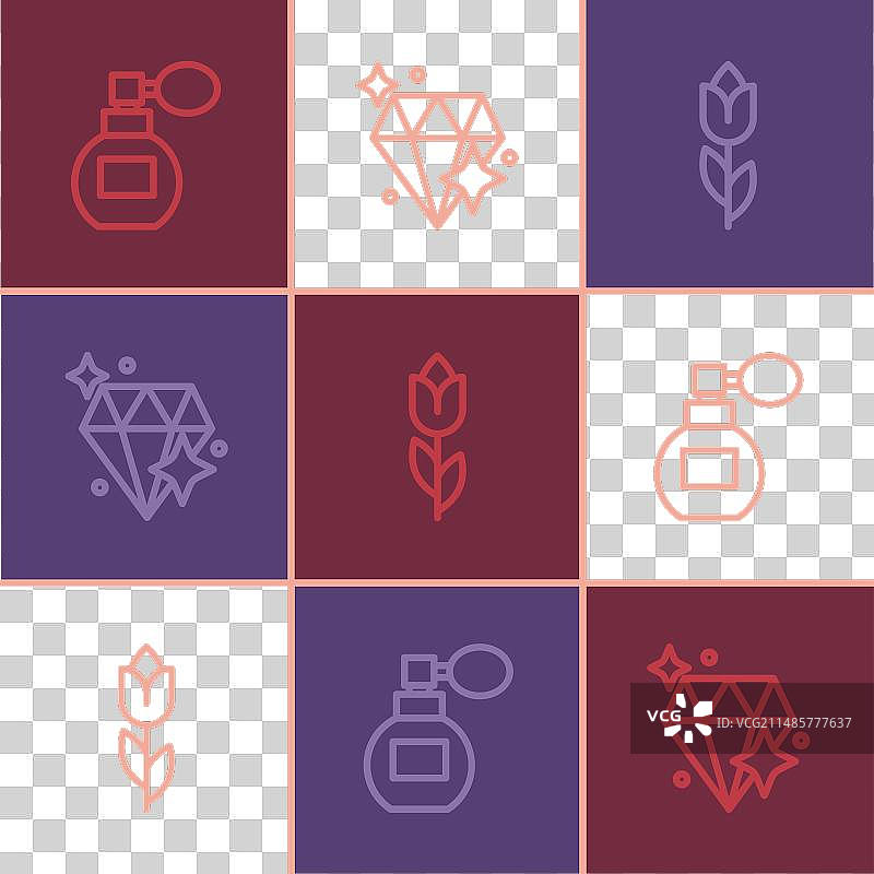 香水、郁金香花朵和钻石图标线性组合套装图片素材