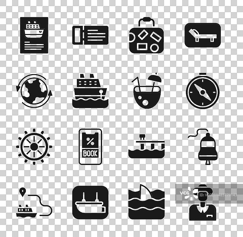 游轮、船钟、指南针和行李箱图案图片素材