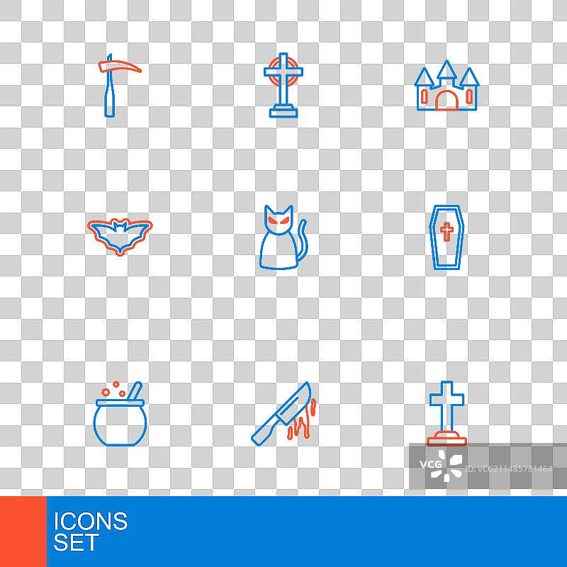 带十字架的墓碑和血淋淋的刀单线条合集图片素材