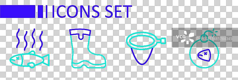 炸弹、渔网、靴子和死鱼图标等线条组合图片素材