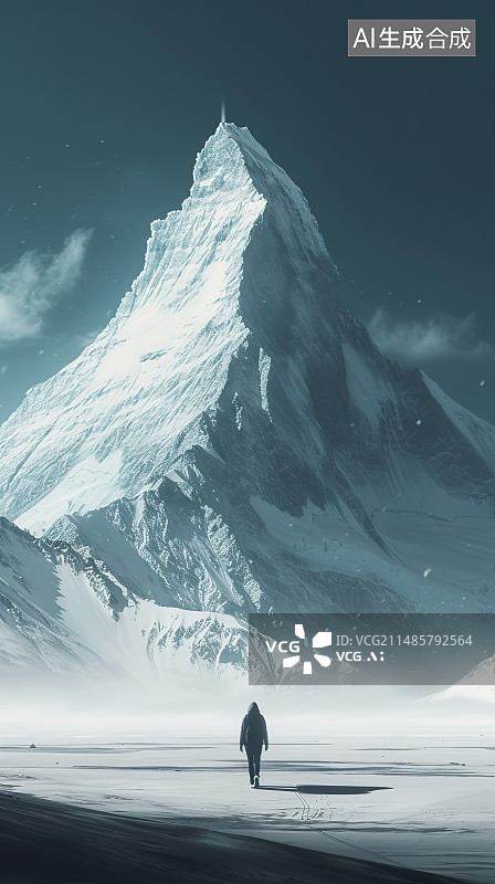 【AI数字艺术】站在白雪皑皑的山上的人的后视图图片素材