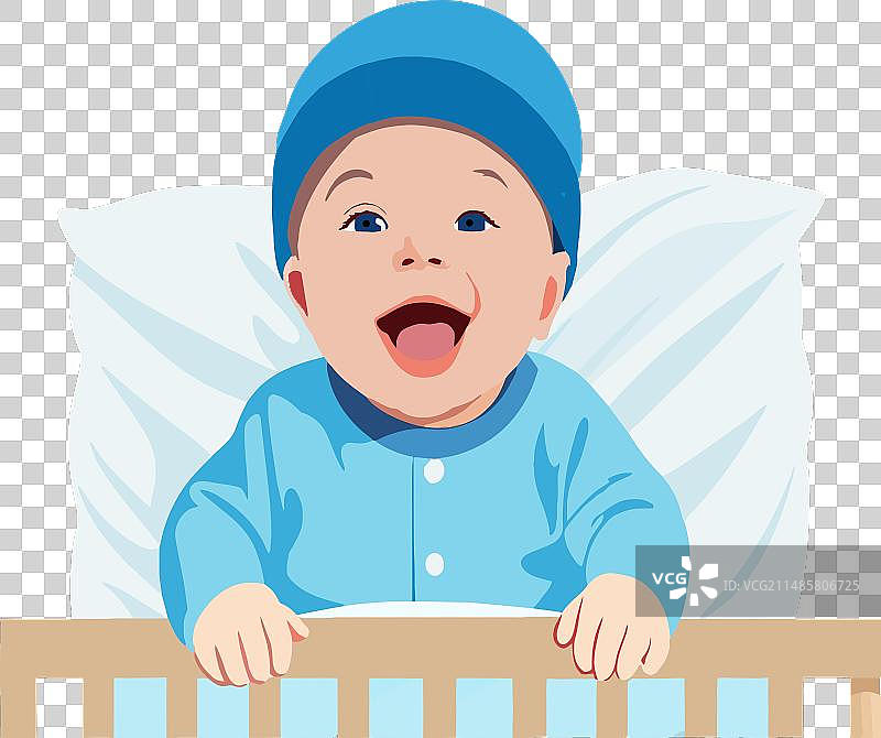 在婴儿床里微笑的新生婴儿图片素材
