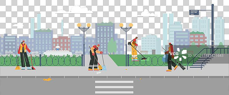 有清洁人员的街头清洁卡通风景图片素材