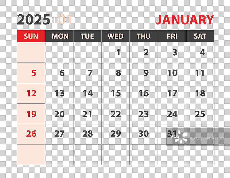 2025年1月日历模板设计图片素材