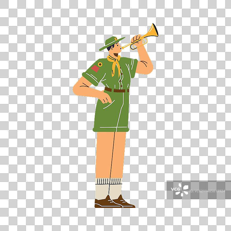 男孩戴着童子军领巾吹喇叭图片素材