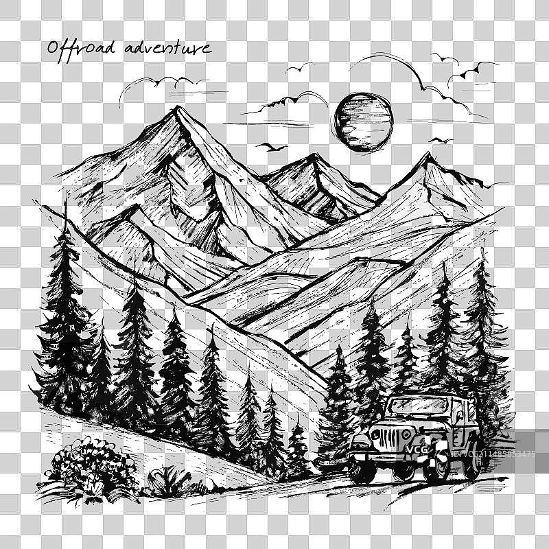 山地复古墨水越野车图片素材