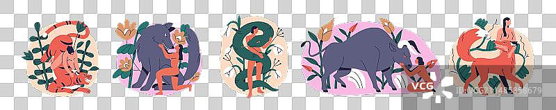 荒野中的动物与女性：女孩驯服动物图片素材