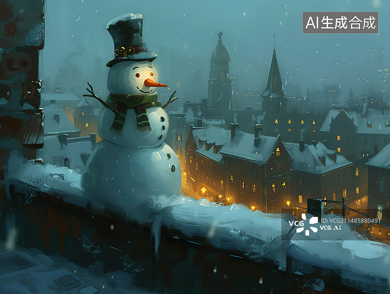 【AI数字艺术】降雪时雪人的高角度视图图片素材