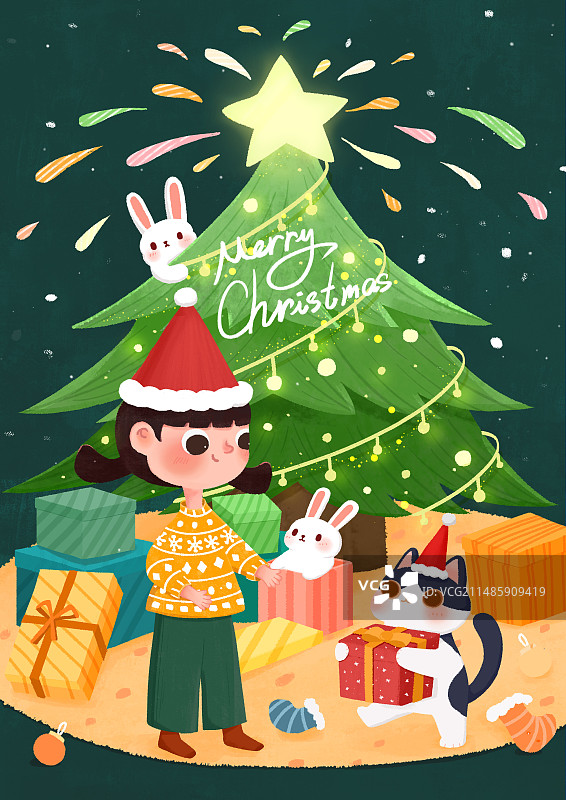 圣诞节女孩和猫治愈插画图片素材