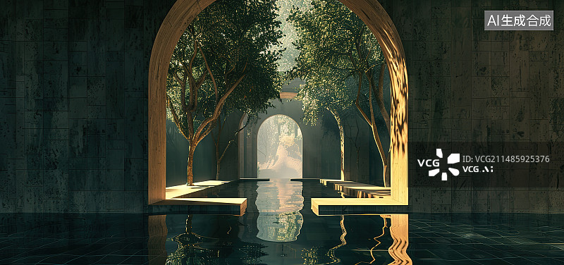 【AI数字艺术】透过拱门看到的女人的后视图图片素材