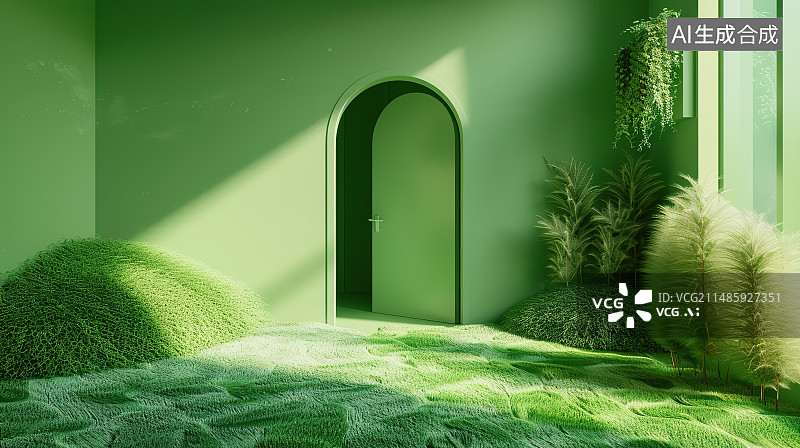 【AI数字艺术】绿色的门前的室内图片素材