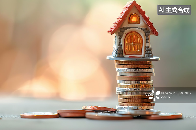 【AI数字艺术】桌子上的模型房子和硬币的特写镜头图片素材