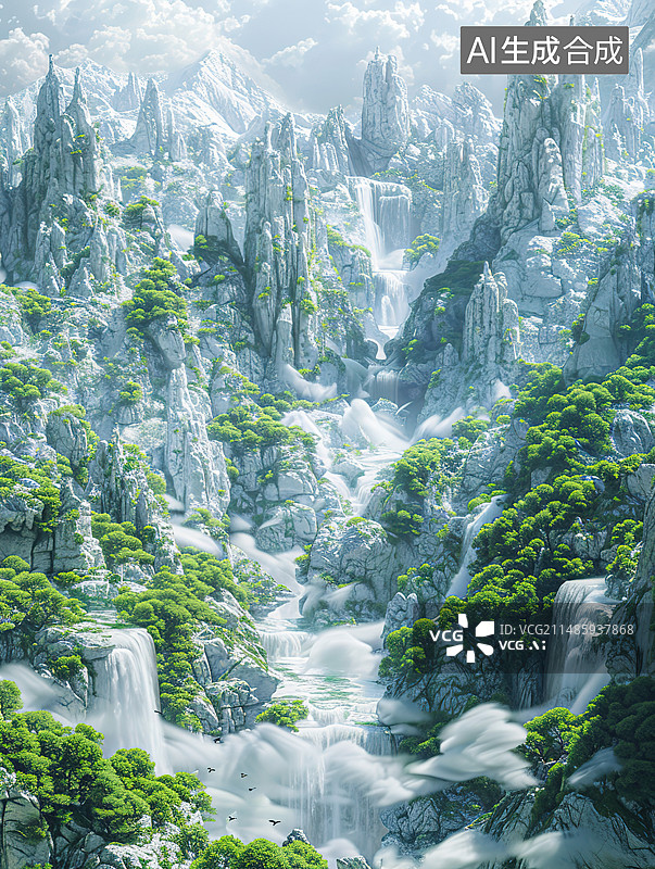 【AI数字艺术】夏季绿色阳光鸟瞰热带野生森林和瀑布图片素材