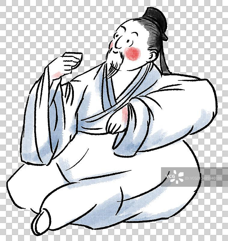 水墨风中国风新中式古风古典传统文化历史古人古装古代古时候坐姿喝茶品茶卡通元素人物插画图片素材