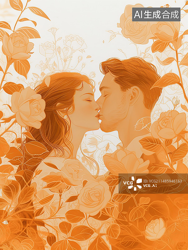 【AI数字艺术】一对年轻夫妇面对面站在花丛中的侧视图图片素材