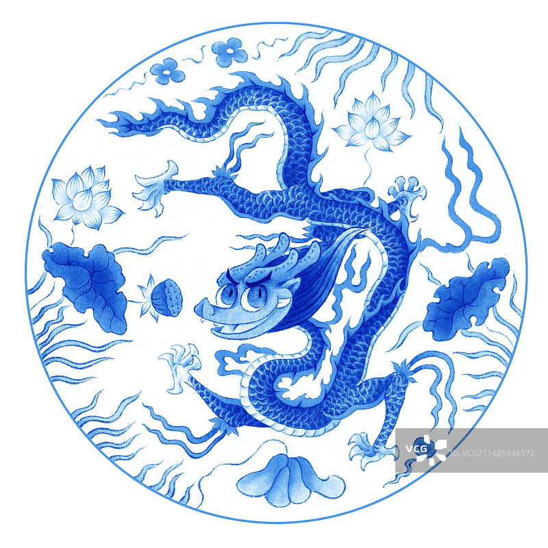 在池塘莲花从中自由自在游动的可爱小青龙图片素材