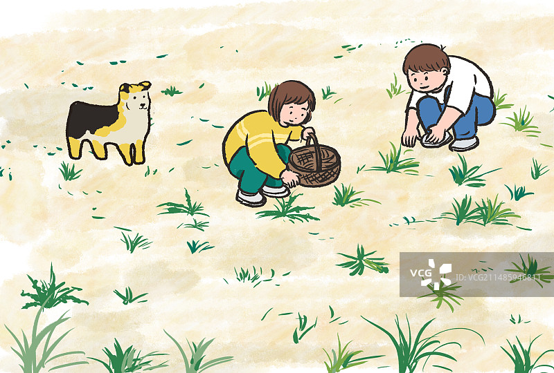 春天春季户外踏青郊游野外农田土地农村乡下采摘挖野菜生活方式体验小朋友童年小时候场景风景插画图片素材