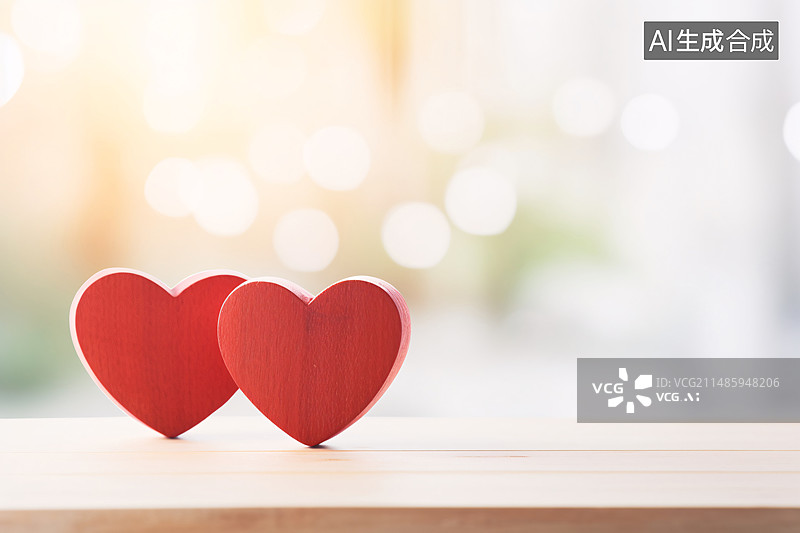 【AI数字艺术】木制背景上的两个爱心，情人节心形背景概念插图图片素材