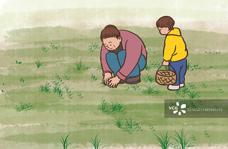 春天春季户外踏青郊游野外农田土地农村乡下采摘挖野菜生活方式体验小朋友童年小时候场景风景插画图片素材