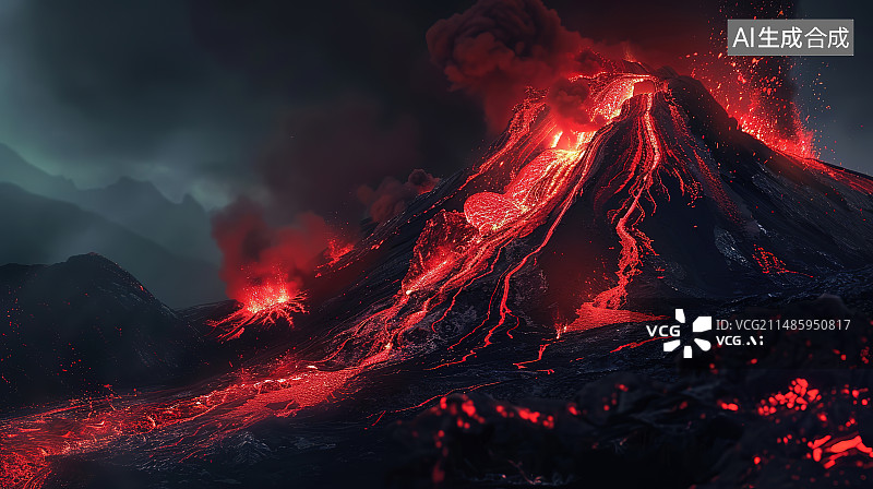【AI数字艺术】火山景观上的树木顶着天空图片素材