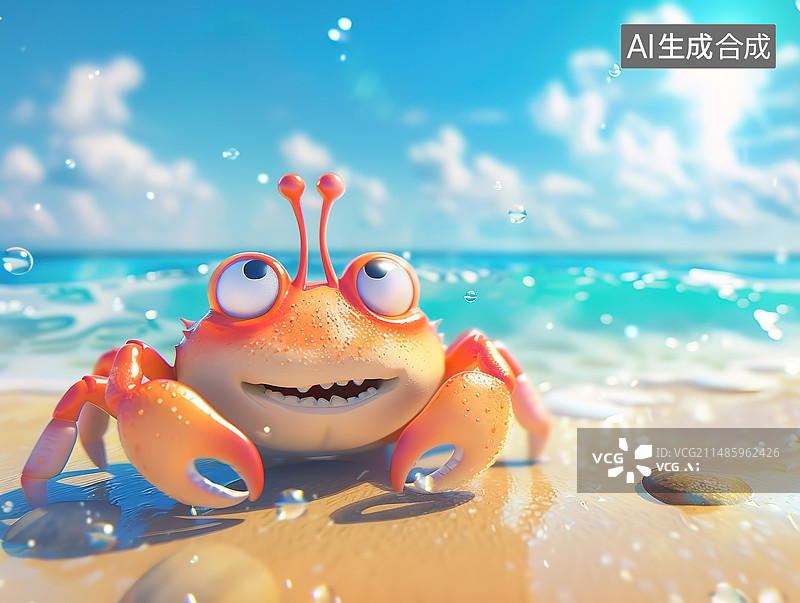 【AI数字艺术】3D渲染沙滩上卡通可爱的小螃蟹，夏日清凉海边旅游海报背景图片素材