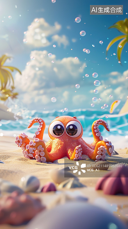【AI数字艺术】3D渲染沙滩上卡通可爱的小章鱼八爪鱼，夏日清凉海边旅游海报背景图片素材