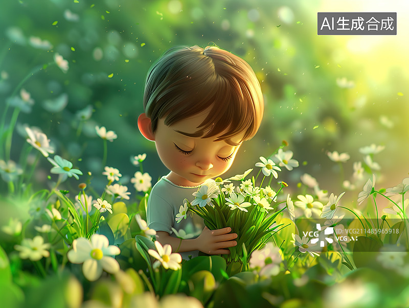【AI数字艺术】抱着一束白色的鲜花悲伤的小男孩，清明节寒食节中元节插画，思念亲人图片素材