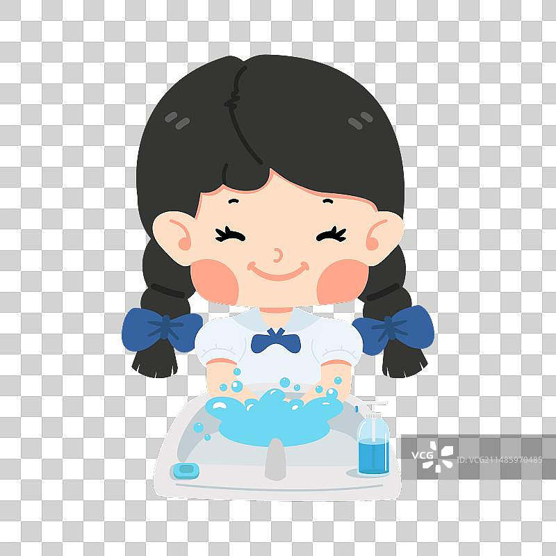卡通风格的在水槽里洗手的女学生图片素材
