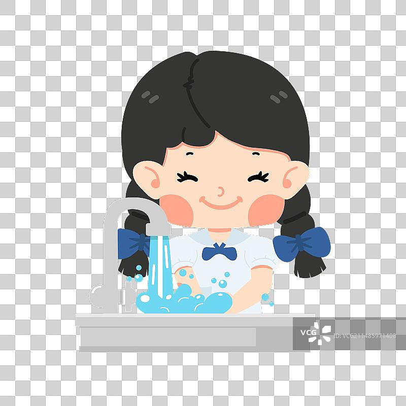卡通风格在水槽里洗手的可爱女孩图片素材