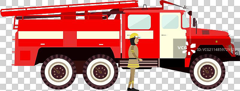 消防员站在消防车旁图片素材