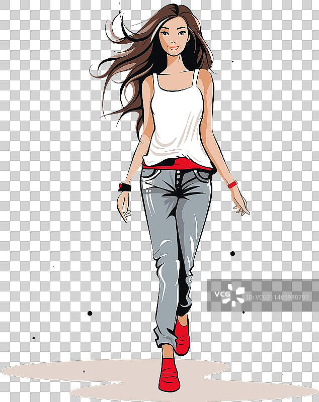 自信地走着，长发飘逸的年轻女人图片素材